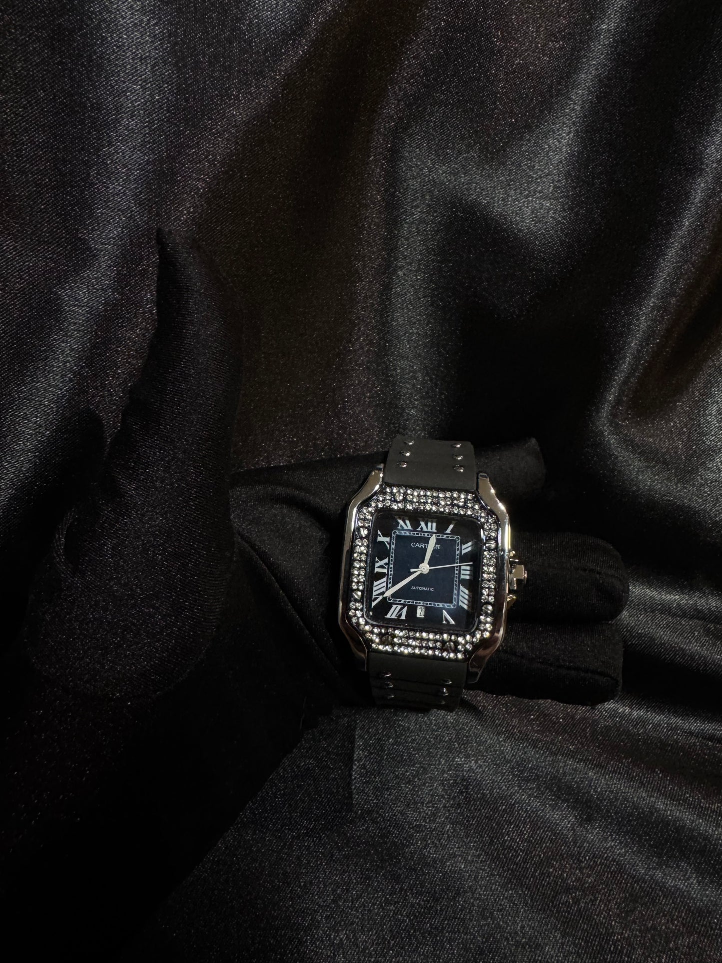 Reloj Cartier Santos Pedrería, Correa de Caucho Carátula Azúl