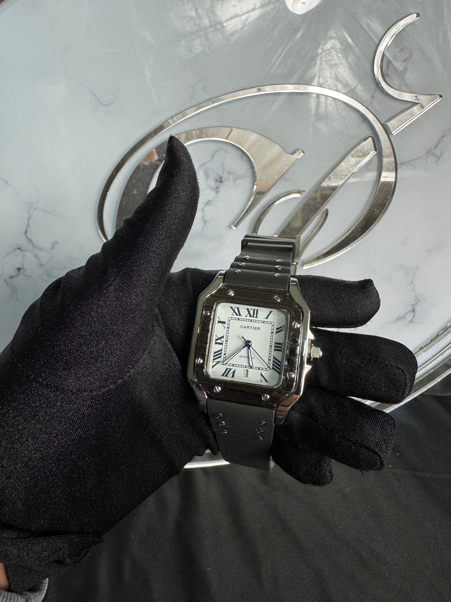 Reloj Cartier Santos Plata Correa Caucho