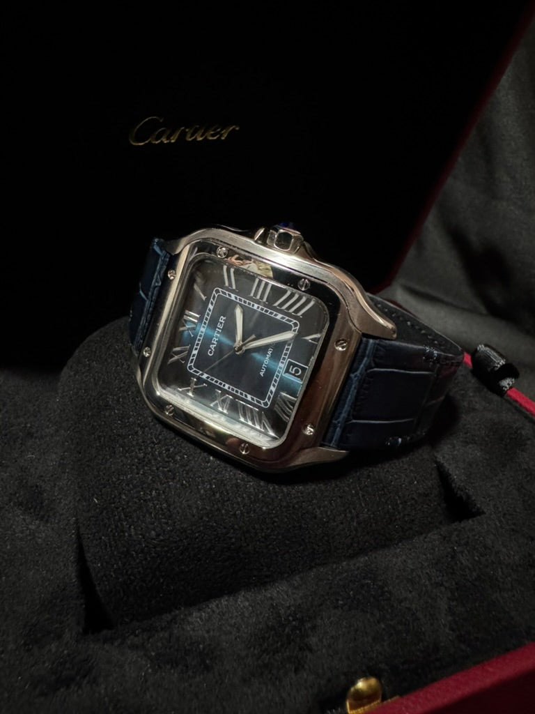 Cartier Santos Plata Azul Con Correa De Piel