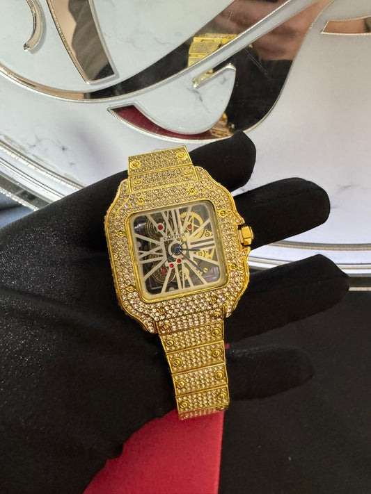 Reloj Cartier Santos Skeleton Full Ice Dorado