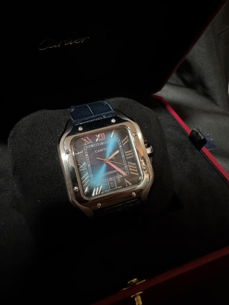 Cartier Santos Plata Azul Con Correa De Piel