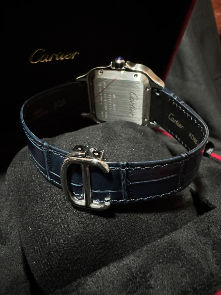 Cartier Santos Plata Azul Con Correa De Piel