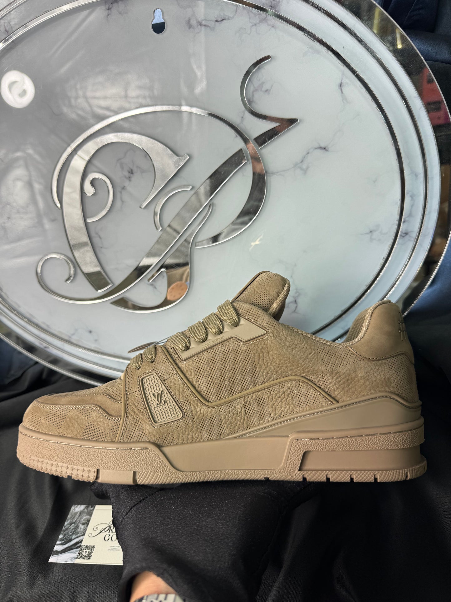 LV Trainer Taupe Yellow Tag