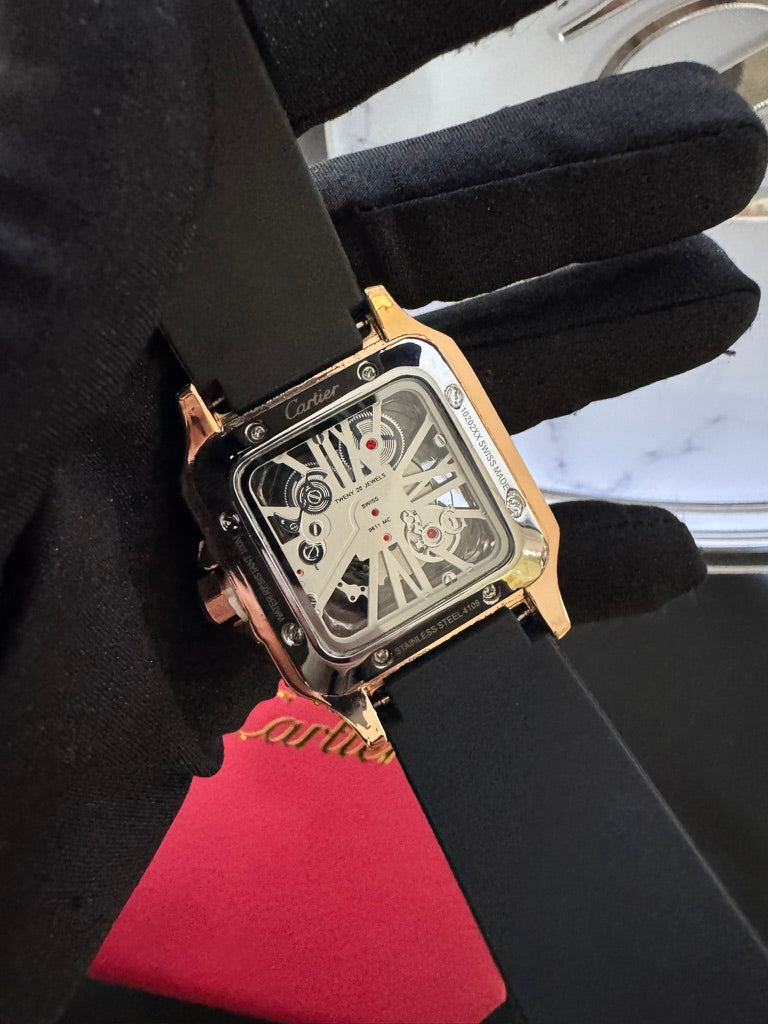Reloj Cartier Santos Skeleton Caucho con Piedras en Oro Rosa