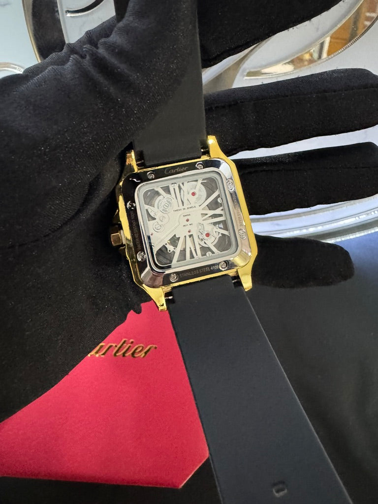 Reloj Cartier Santos Skeleton Caucho con Piedras en Dorado