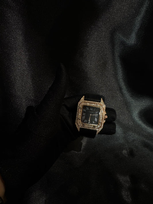Reloj Cartier Santos Correa Piel, Pedrería Dorada