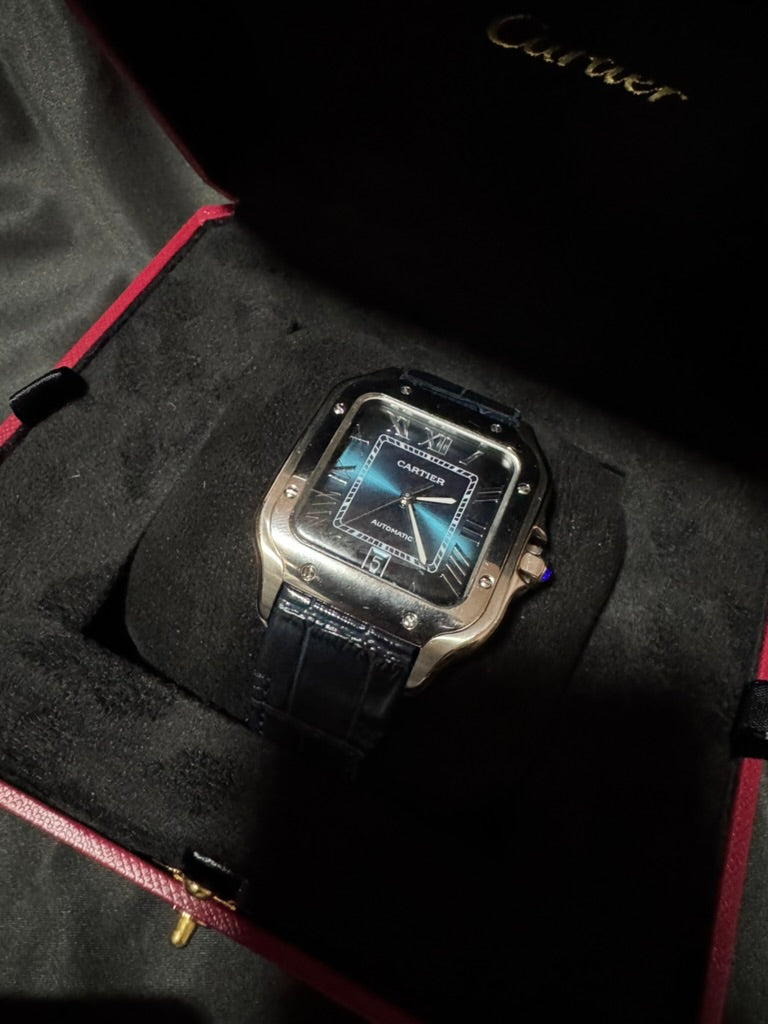 Cartier Santos Plata Azul Con Correa De Piel