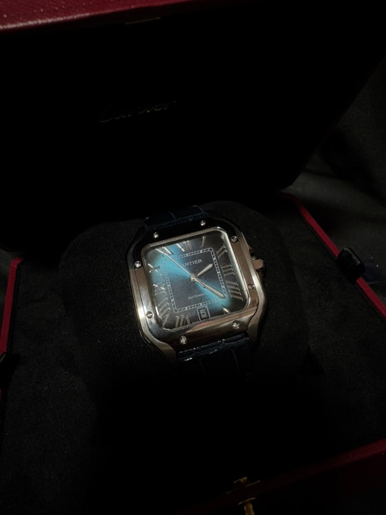 Cartier Santos Plata Azul Con Correa De Piel