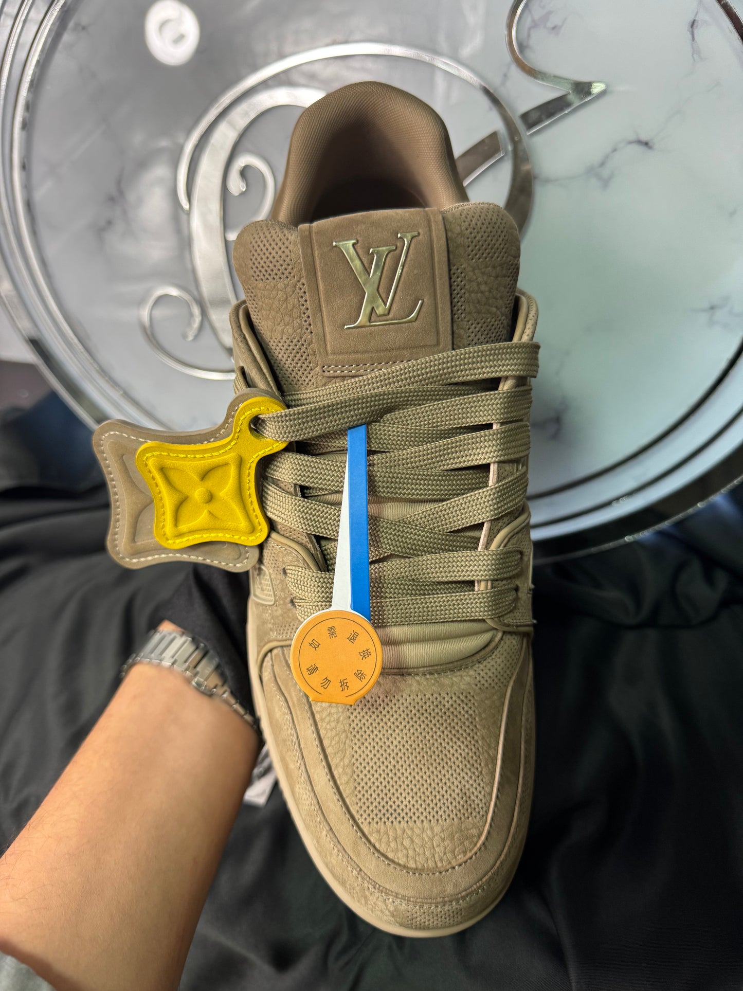 LV Trainer Taupe Yellow Tag