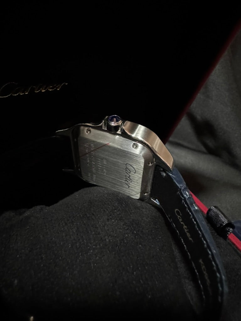 Cartier Santos Plata Azul Con Correa De Piel