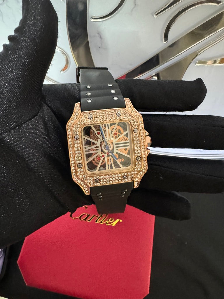 Reloj Cartier Santos Skeleton Caucho con Piedras en Oro Rosa