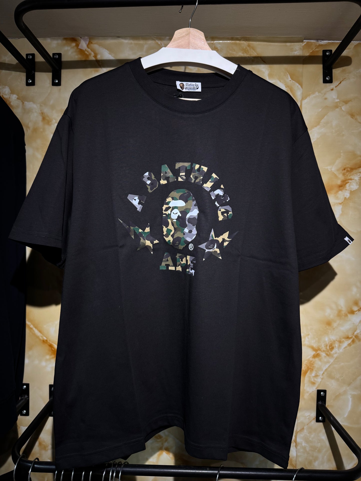 A Bathing Ape (BAPE) – Ape Head Camo Logo Tee (Black).