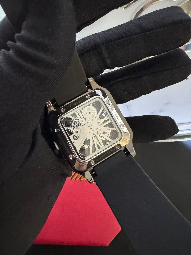 Reloj Cartier Santos Skeleton Caucho con Piedras en Negro
