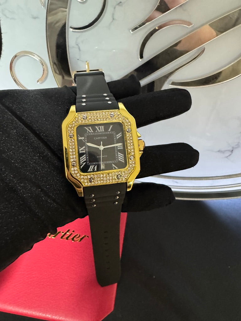 Reloj Cartier Santos Cuacho Dorado con Piedras