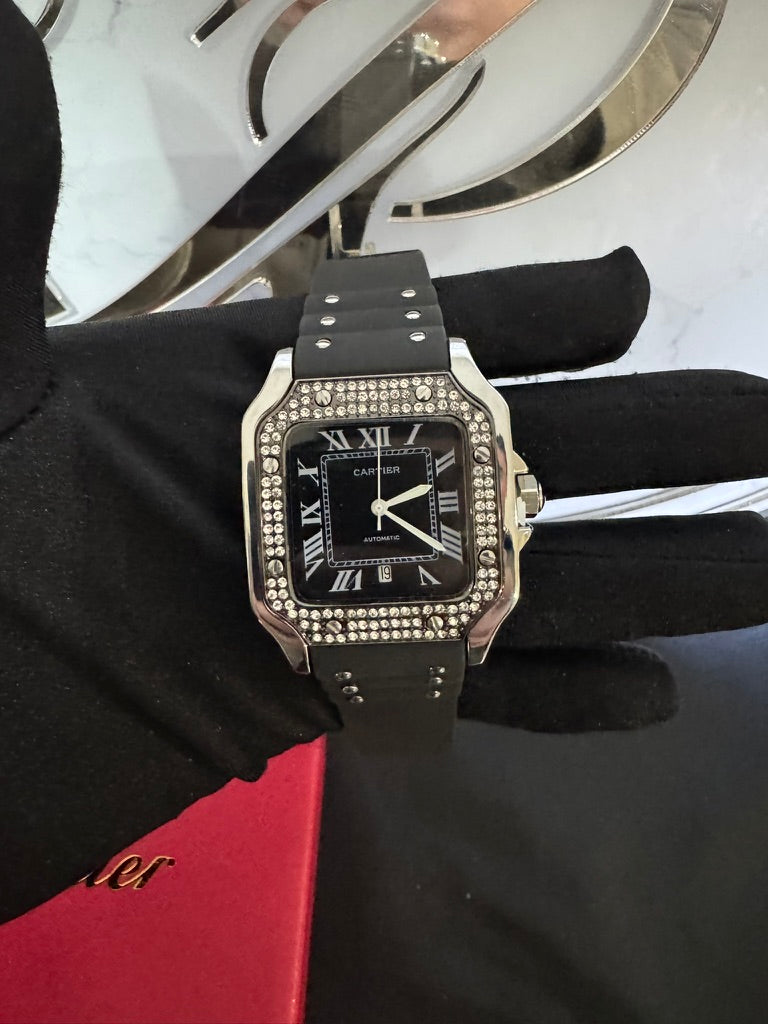 Reloj Cartier Santos Caucho con Piedras