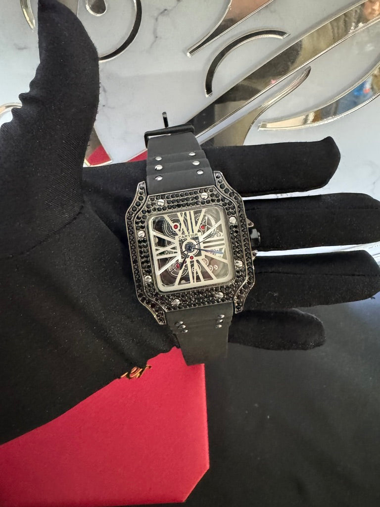 Reloj Cartier Santos Skeleton Caucho con Piedras en Negro